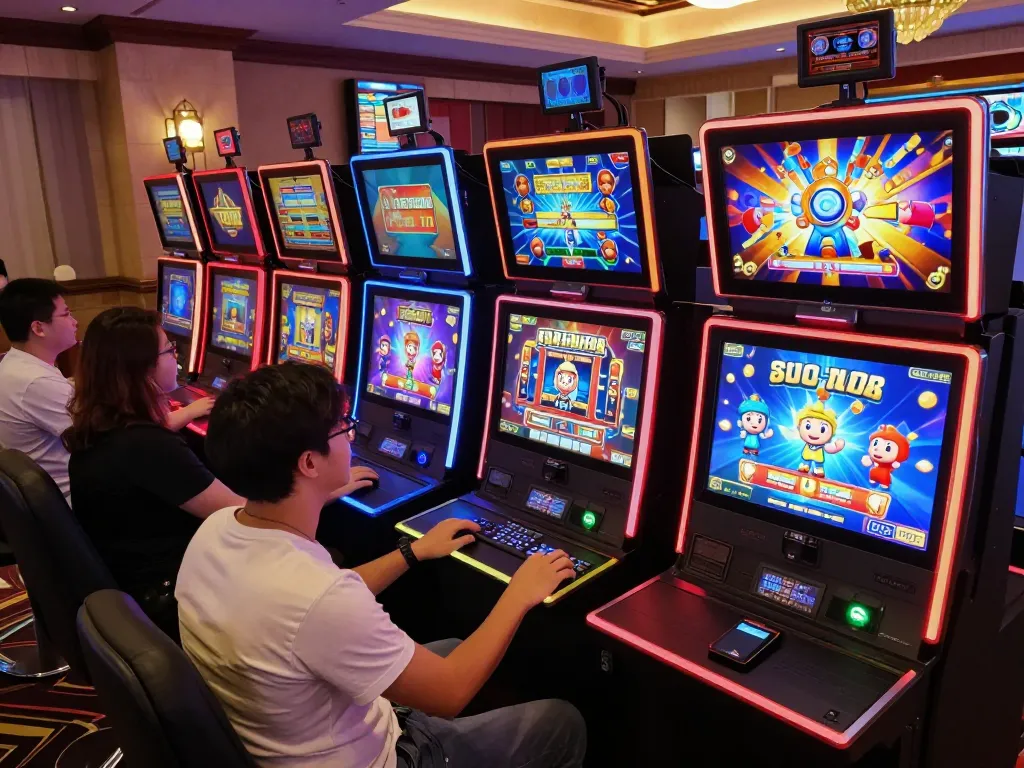 Players enjoying thrilling slot games at GTAtogel, engaging with colorful slot machines.