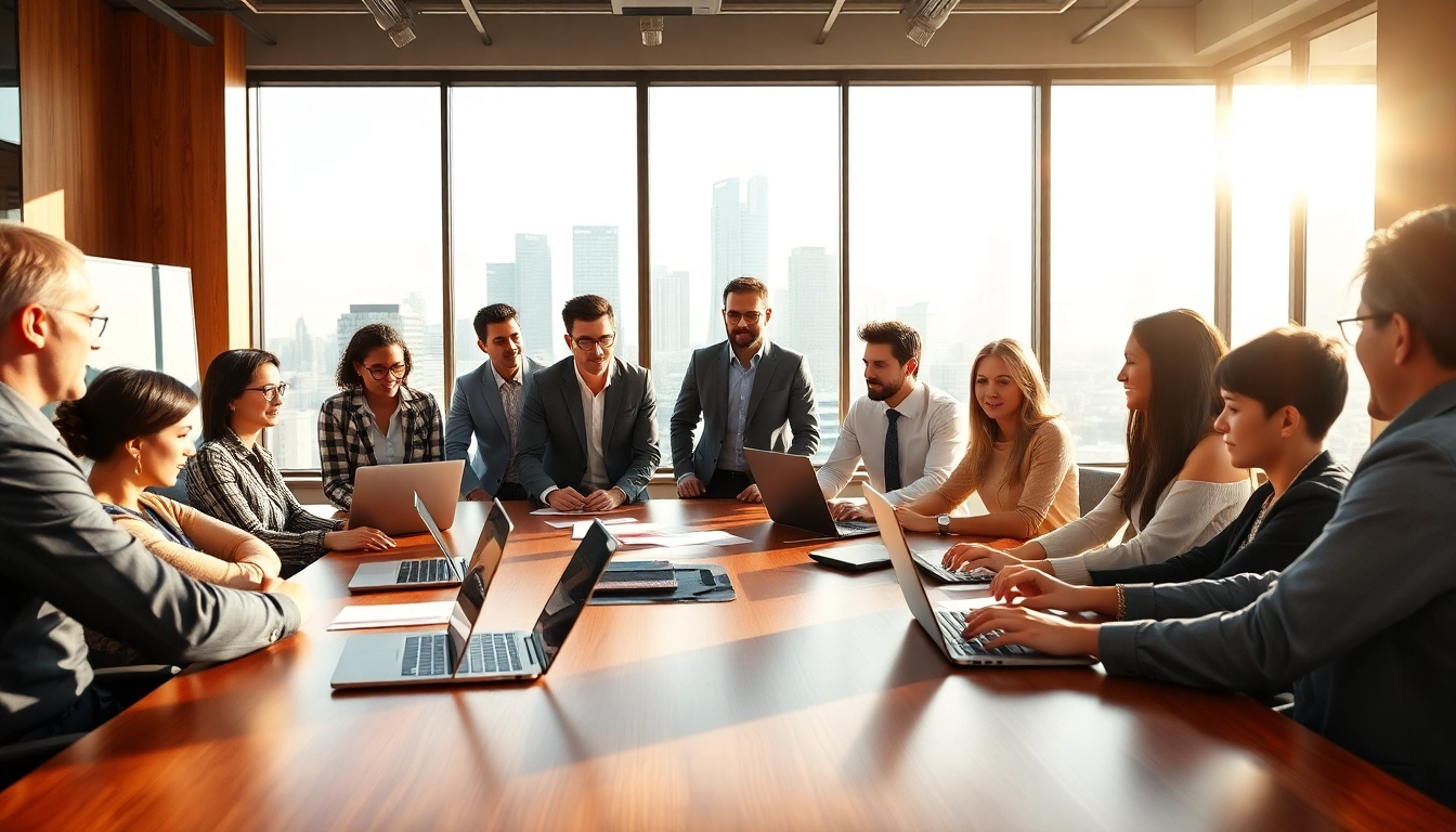 Dynamic discussion among on-demand sales talent in a bright, modern office space.