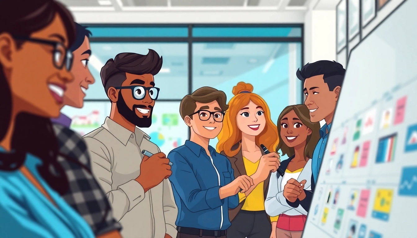 Erkläranimation zeigt kreative Teamarbeit in modernem Büro mit bunten Animationen.