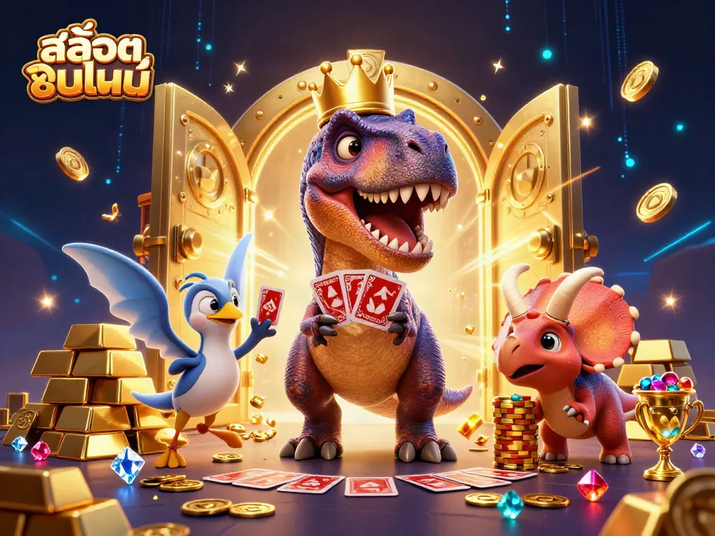 สนุกกับการเล่น สล็อตออนไลน์ ด้วย T-Rex ไพ่และชิปทองในคาสิโน 3D