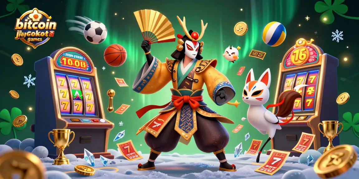Engage with bitcoin jackpot games through an action-packed casino scene featuring kabuki characters and dynamic elements.