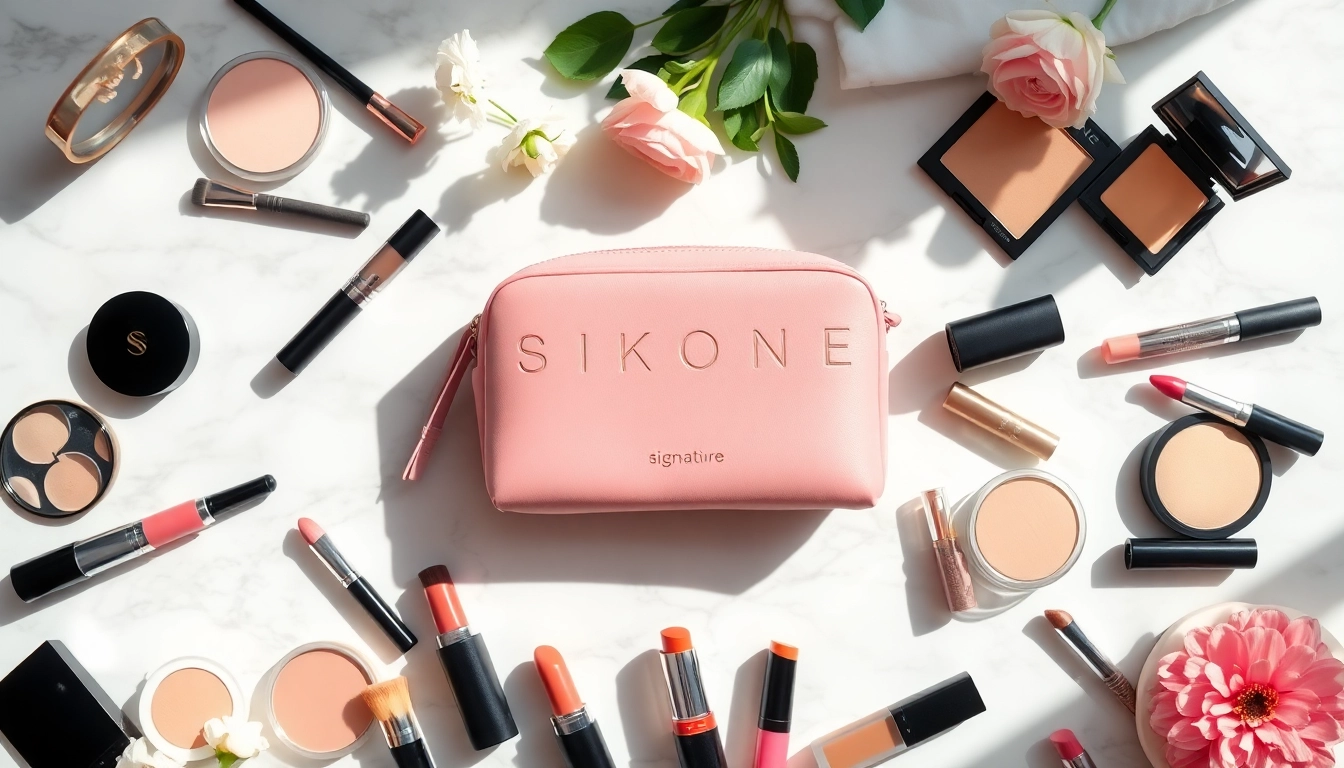 Showcasing the skone cosmetics signature makeup bag surrounded by vibrant beauty products.