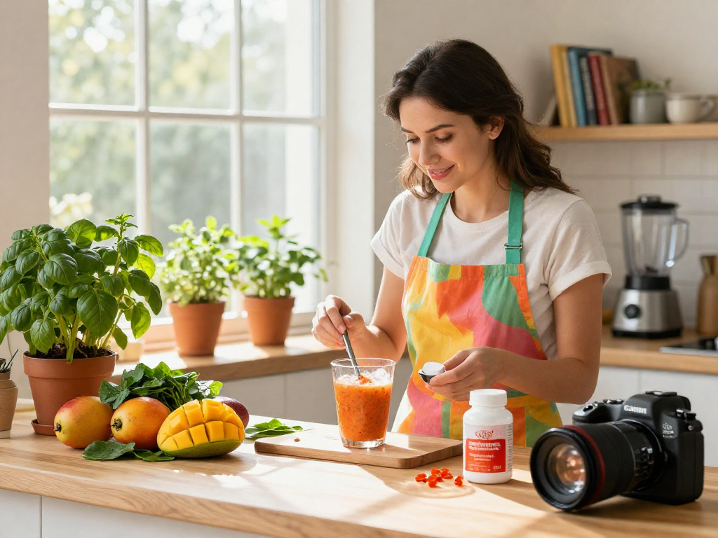 Vegan astaxanthin supplement smoothie preparation in a bright kitchen.