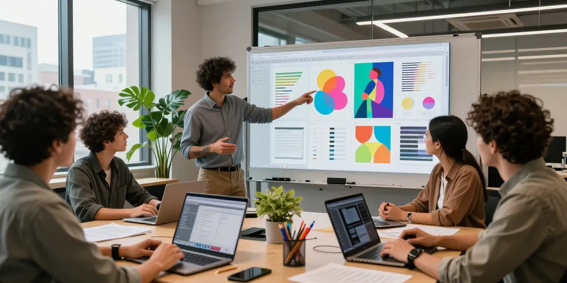 Team collaborating on a digital mixboard in a vibrant workspace, showcasing innovative ideas and teamwork.