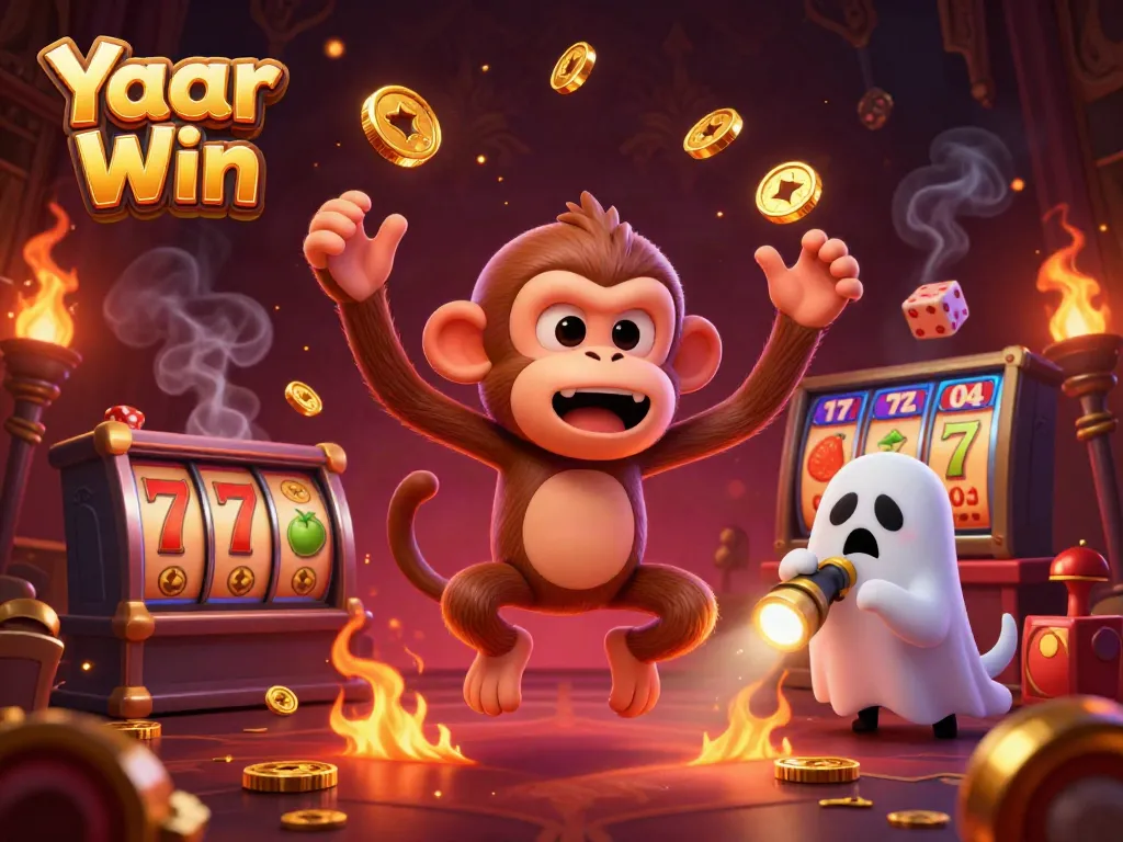 Yaar Win game featuring a playful poltergeist monkey and a curious puppy amid spinning slots in a haunted casino.
