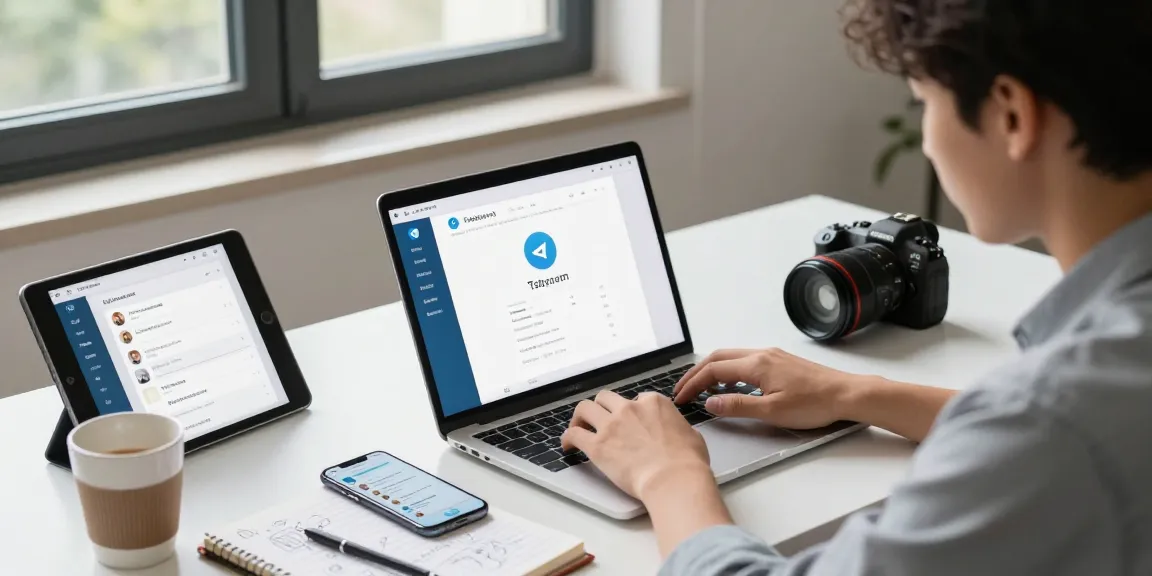 Dynamic workspace featuring telegram中文版下载 on devices in a modern tech setting.