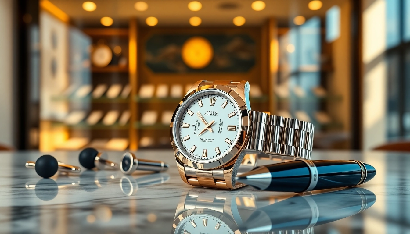 Showcase a stunning rolex replica on marble with elegant accessories highlighting luxury.