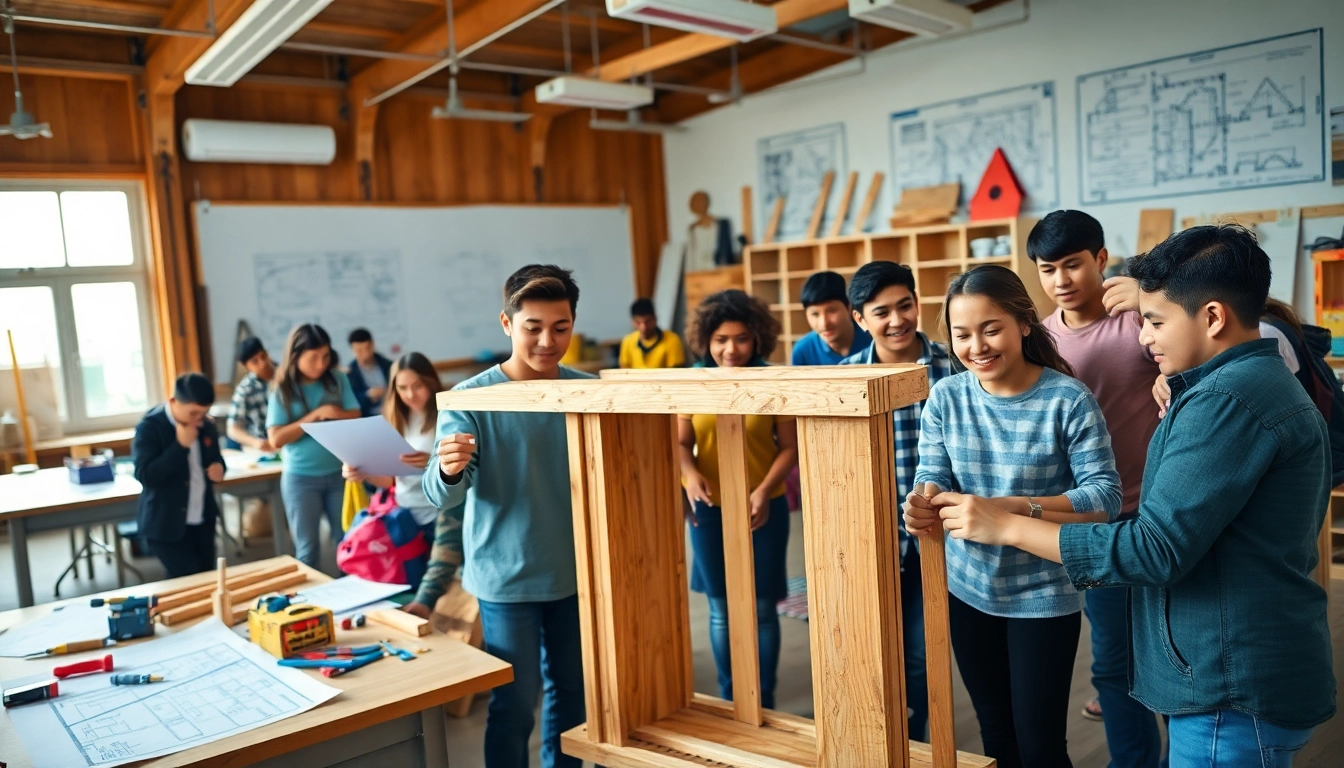 Students participating in construction classes, collaborating on building projects in a bright classroom setting.