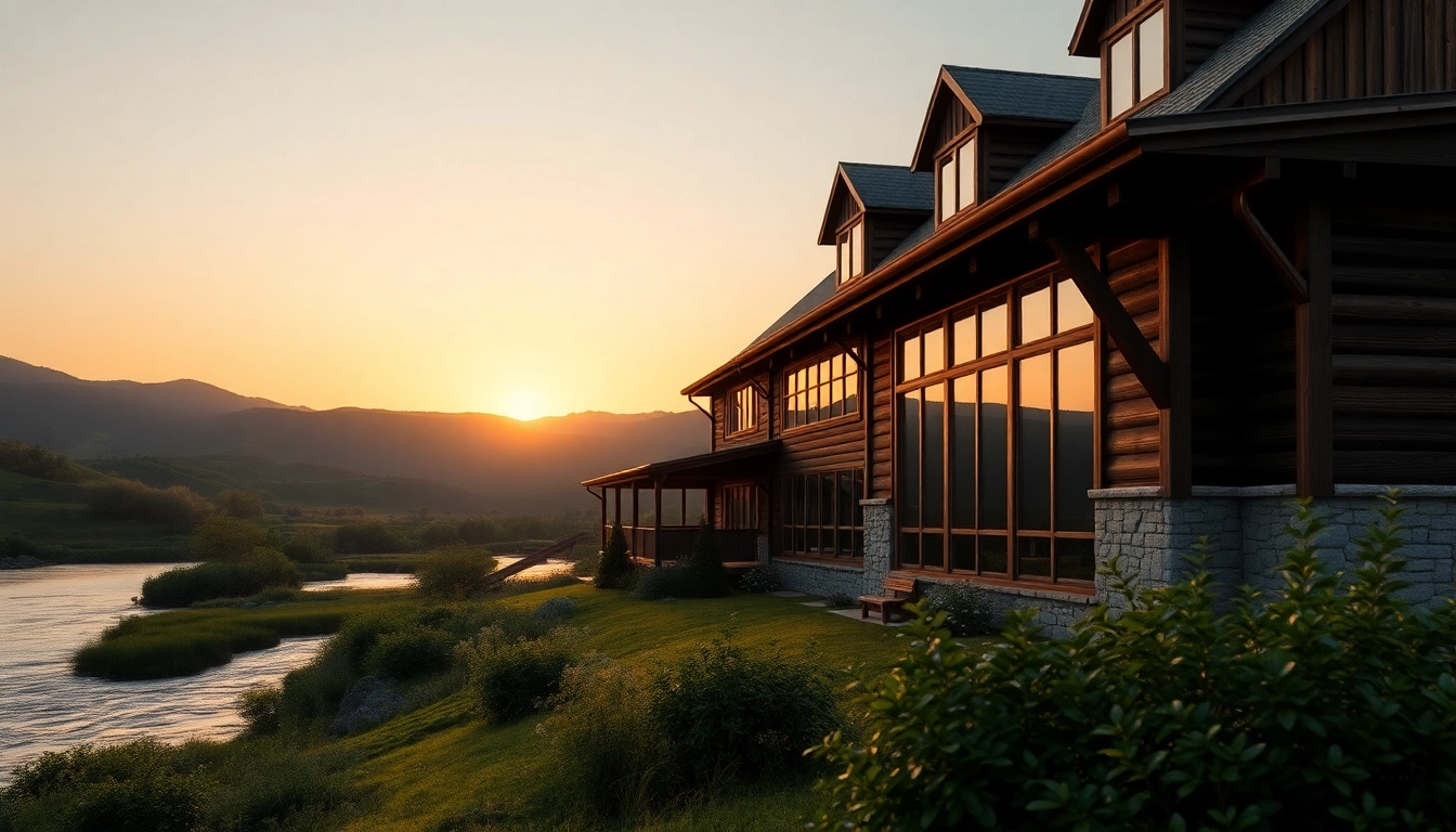 Winding River Farmhouse New Build showcasing a rustic design with large windows surrounded by lush greenery.
