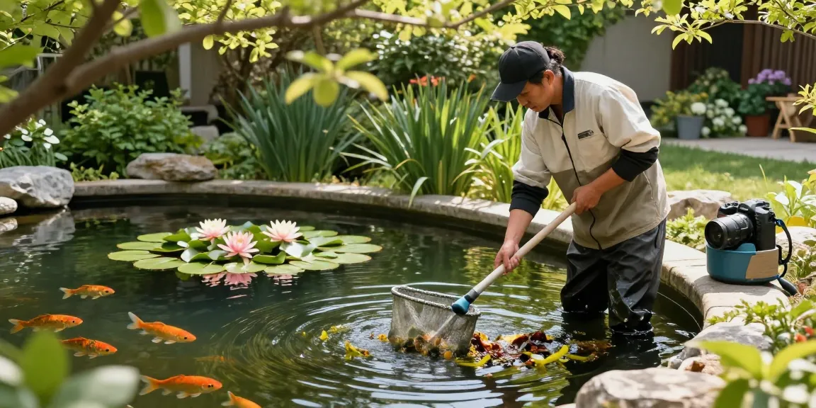 Pond Cleaning Sussex services in action, professional cleaning a koi pond surrounded by vibrant greenery and beautiful water lilies.