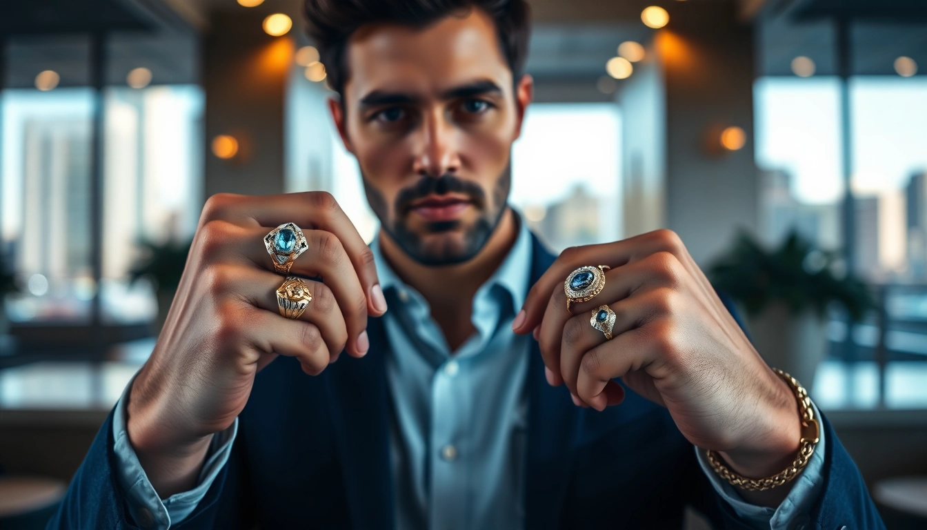 Showcasing premium men’s jewelry in a stylish urban setting, emphasizing craftsmanship and elegance.