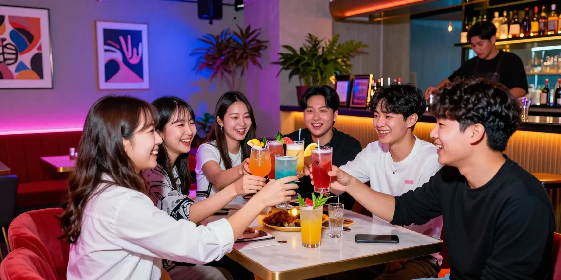 Group of friends enjoying drinks at 상봉동 한국관나이트 bar, vibrant nightlife atmosphere.
