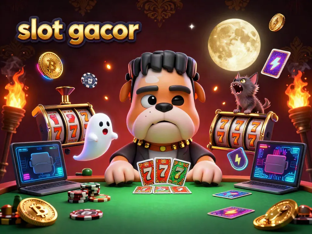 Experience the thrill of slot gacor action with a colorful 3D casino-themed illustration featuring characters and game elements.