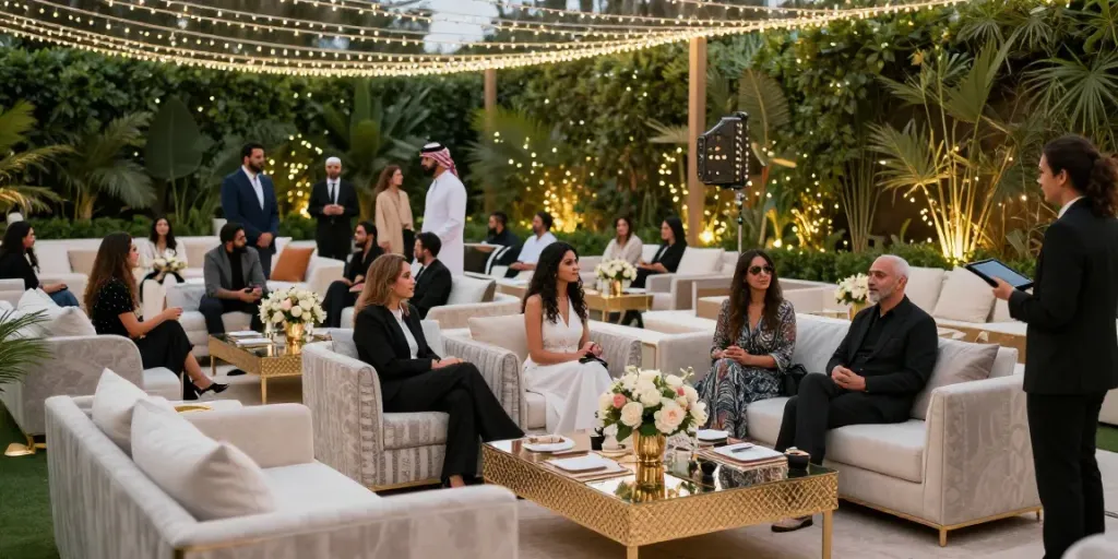 Event furniture rental setup featuring luxurious lounge chairs, designer tables, and floral decorations at a chic outdoor venue.
