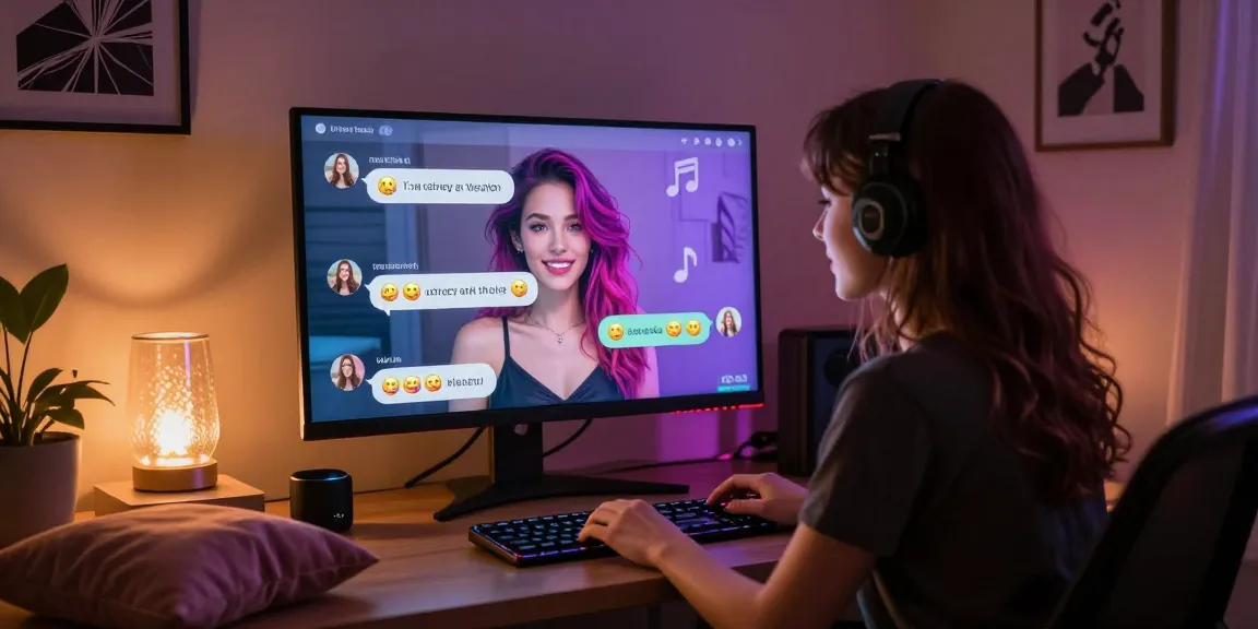 Engaging NSFW chat scene with alluring AI character and cozy ambient setting.