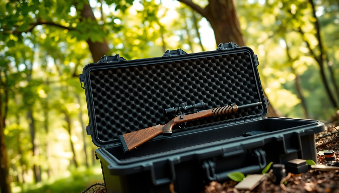 Showcasing a pelican rifle case with a partially open lid, revealing interior padding in a serene outdoor setting.