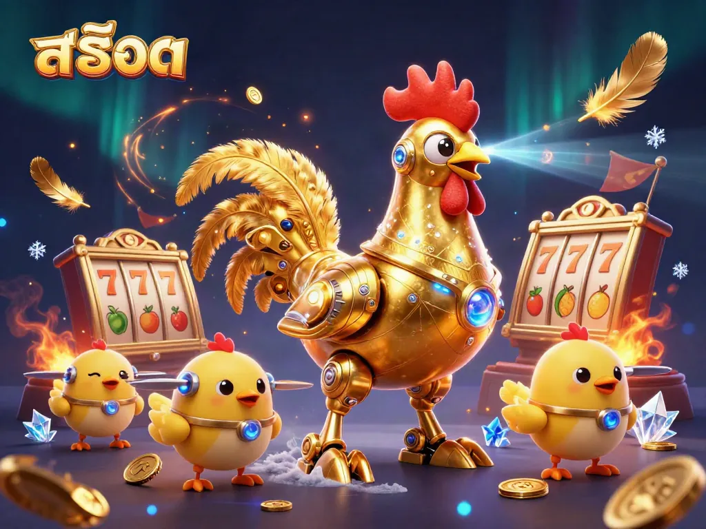เล่นสล็อตในภาพ 3D ที่มีโรบอตไก่ทองคำและการหมุนของเหรียญทอง
