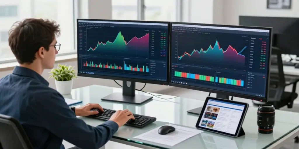 Trader using MetaTrader 5 software in a modern finance workspace.