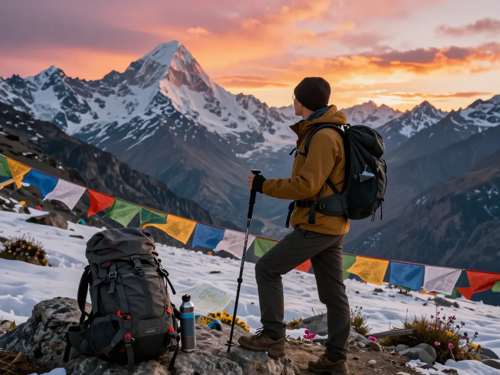 Annapurna circuit trekking at Thorong La Pass with traveler against stunning sunset landscape and Himalayan peaks.