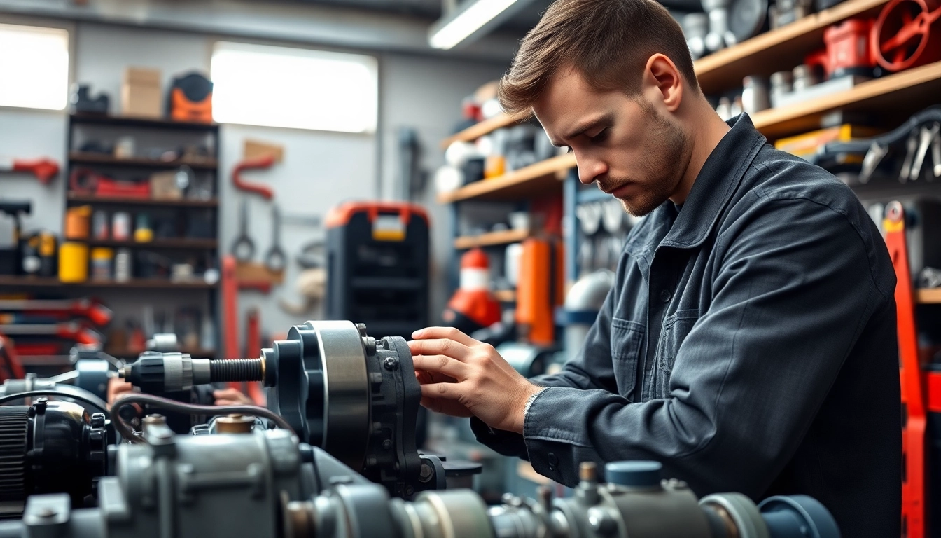 Engaging hydraulic pump services expert repairing equipment in a busy workshop.