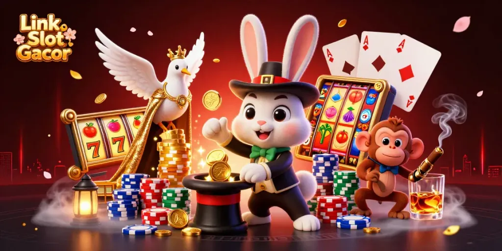 Link Slot Gacor menghadirkan ilustrasi kasino yang menarik dengan karakter kartun magis dan elemen permainan slot.