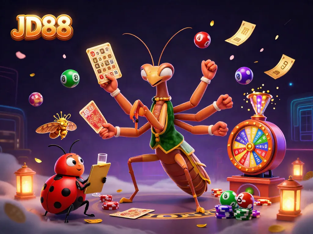 Experience the excitement of JD88 with vibrant 3D characters and dynamic lottery elements in a casino scene.