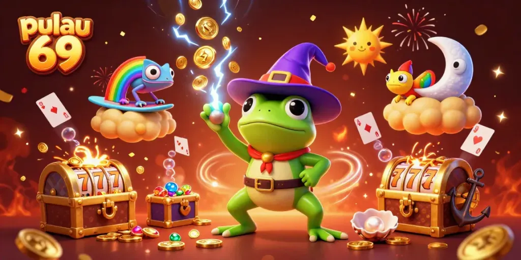 Pulau 69 presents a vibrant casino scene with a wizard frog, golden coins, and dynamic slot elements.