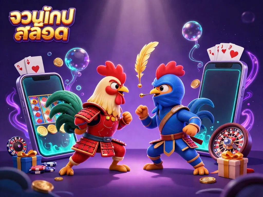 Engage with exciting slot games in a dynamic scene featuring twin roosters and casino elements, showcasing รวมเกมสล็อต.