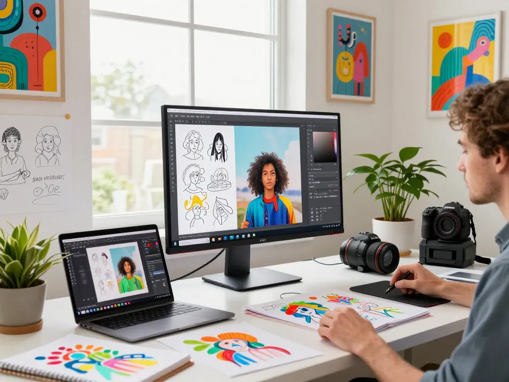 Artist working with Nano Banana Pro AI image editor in a vibrant creative workspace