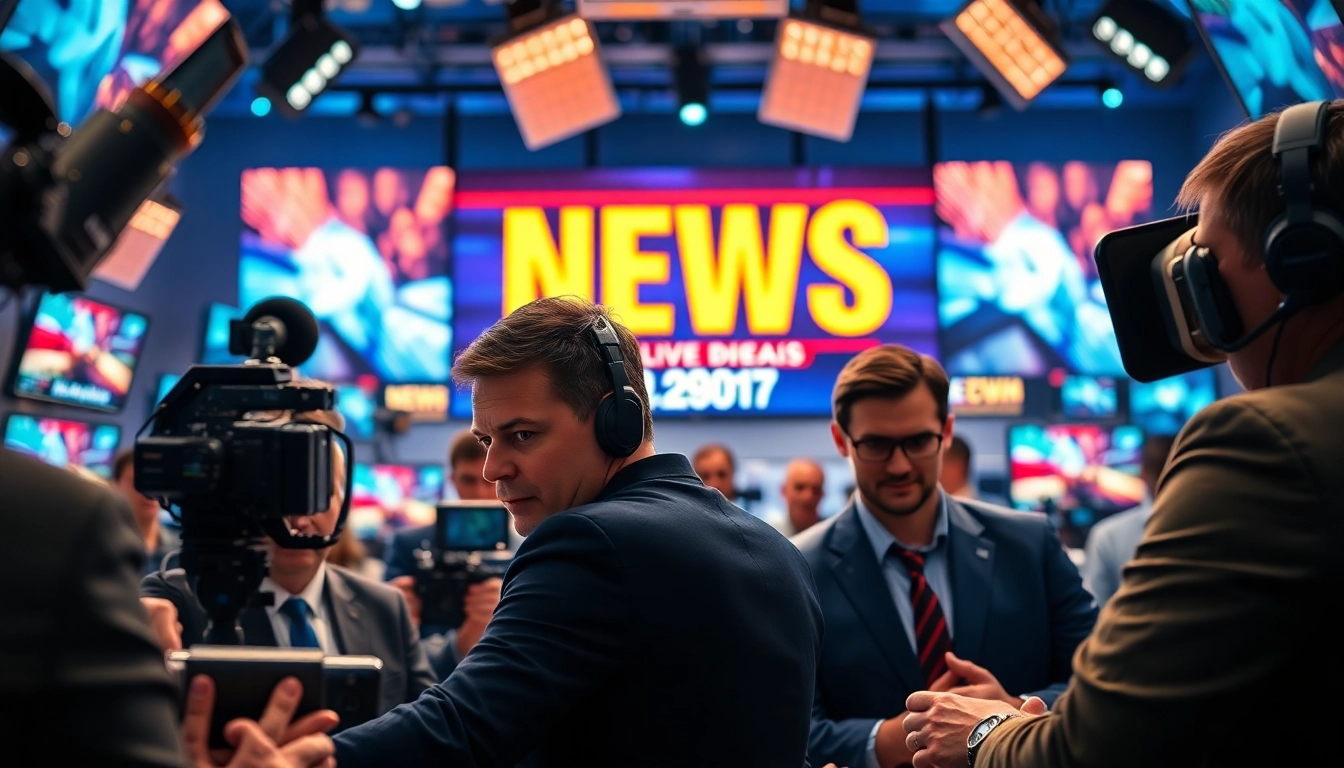 Journalists capturing live news in a vibrant newsroom setting with dynamic screens.