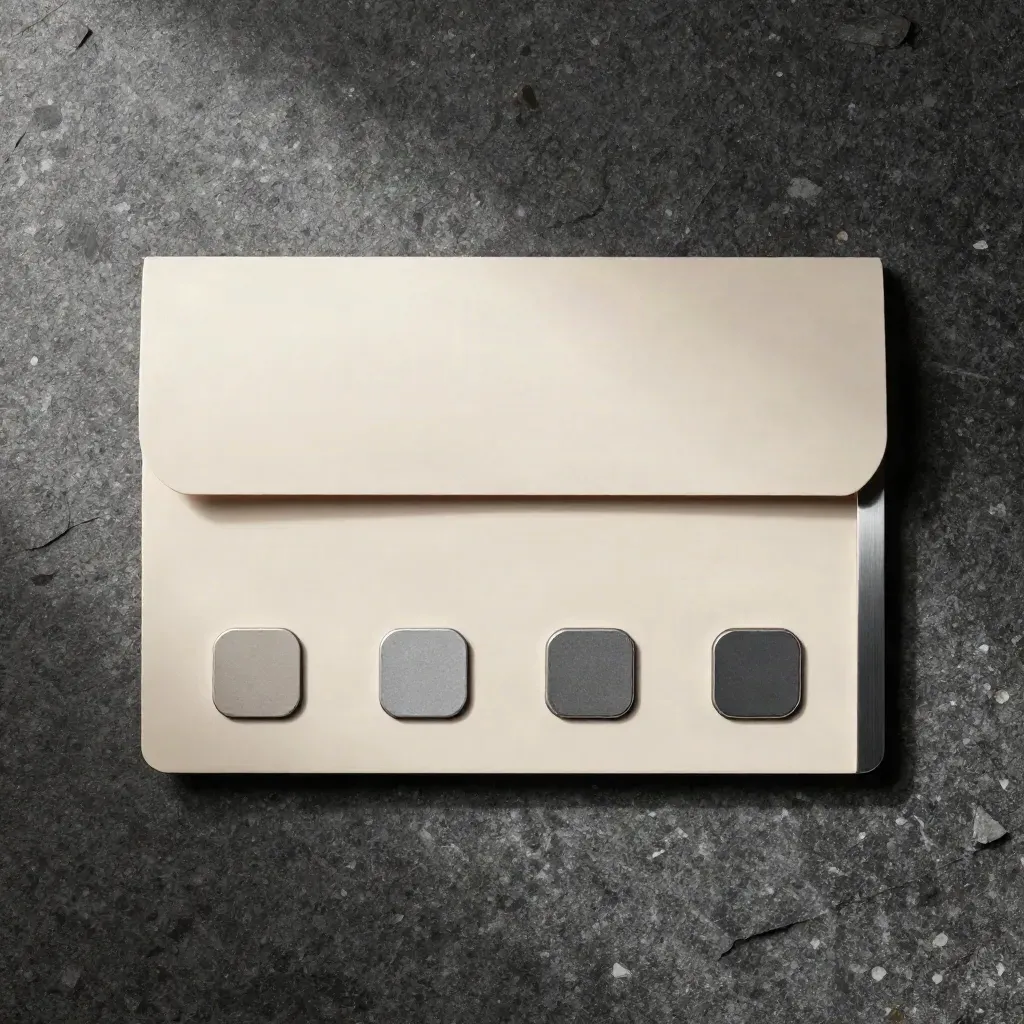 Overhead flatlay of a broker fee scorecard bundle on wet basalt with metal trim and four chips