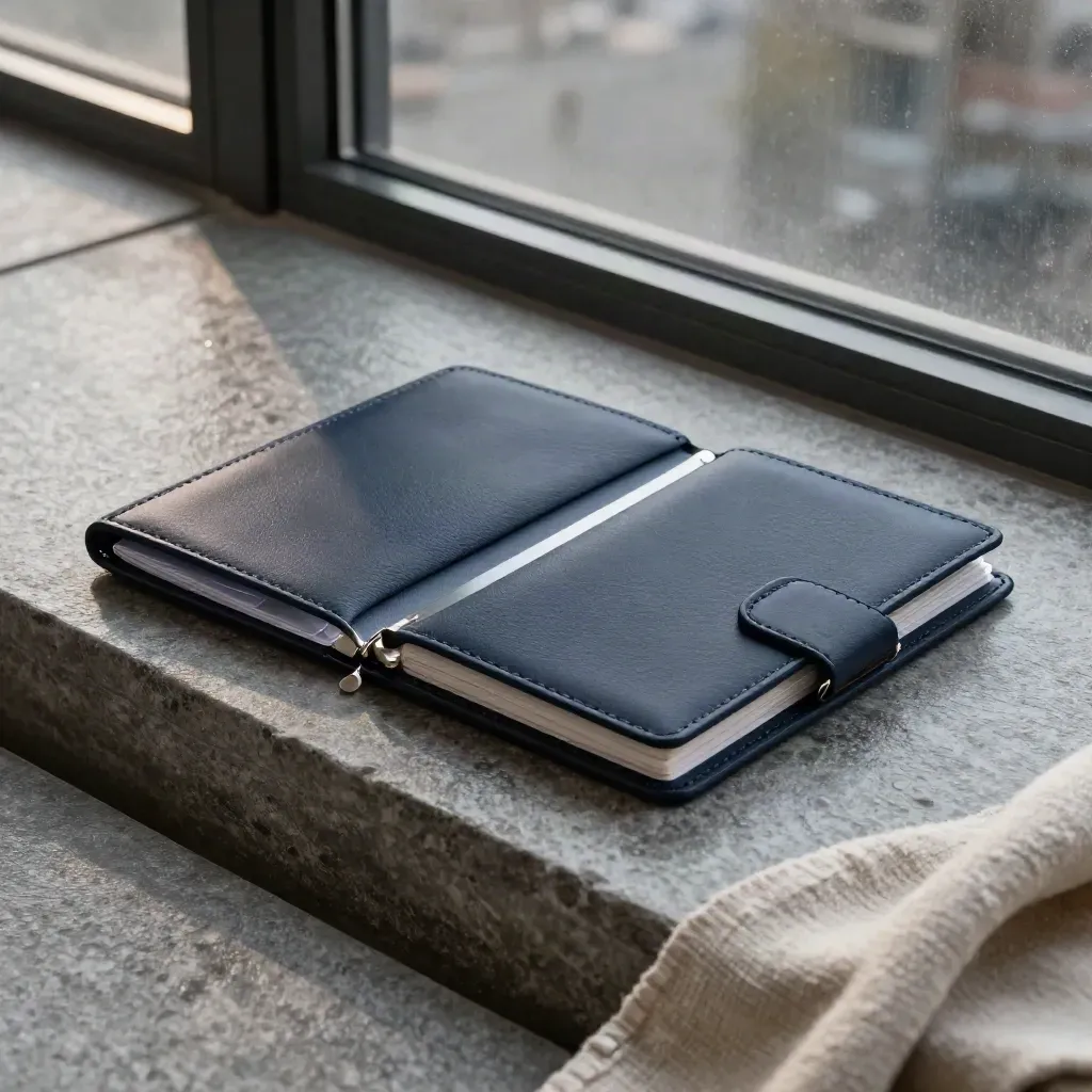 Two FX watch folios on a damp stone step, misty dawn light, deep navy accents.
