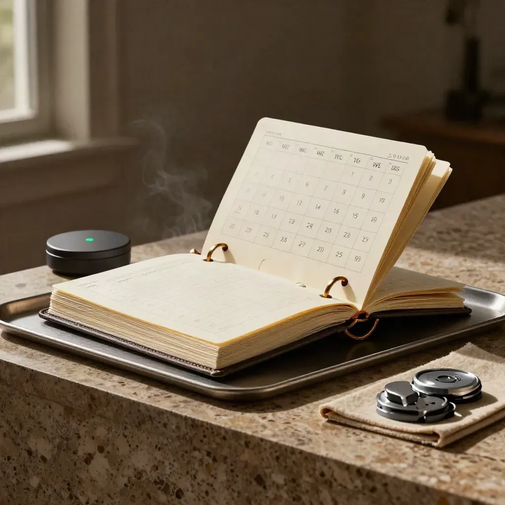 Alert planner, notification puck and date chips on travertine in moody studio light