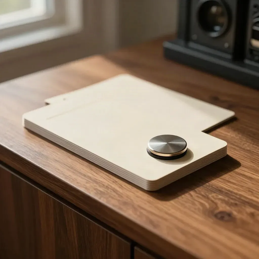 Signal alert pack with deck, status puck, and metal clip on warm walnut