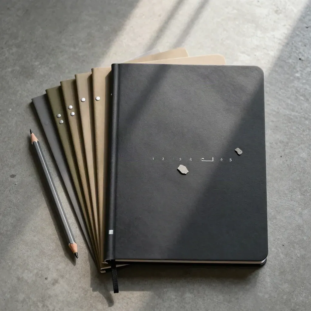Overhead flatlay of a tabbed trading journal, pencil stub and stone chips on concrete.