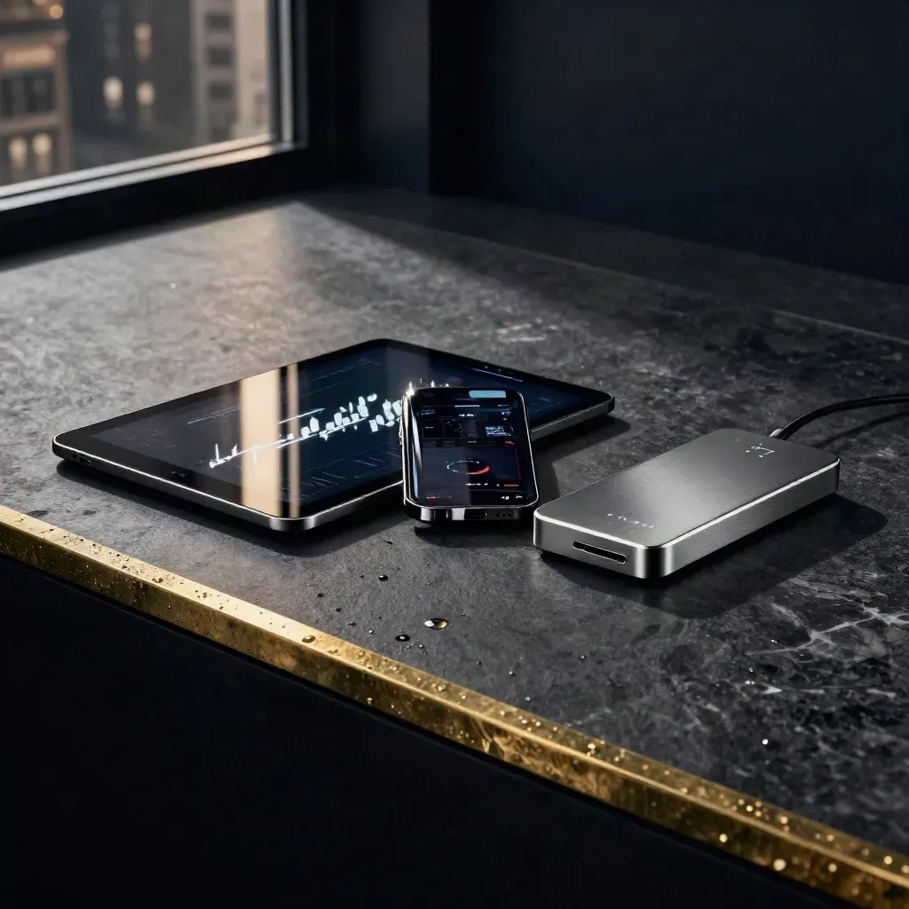 Three FX trading devices on wet charcoal stone with brass trim and blue city reflections.