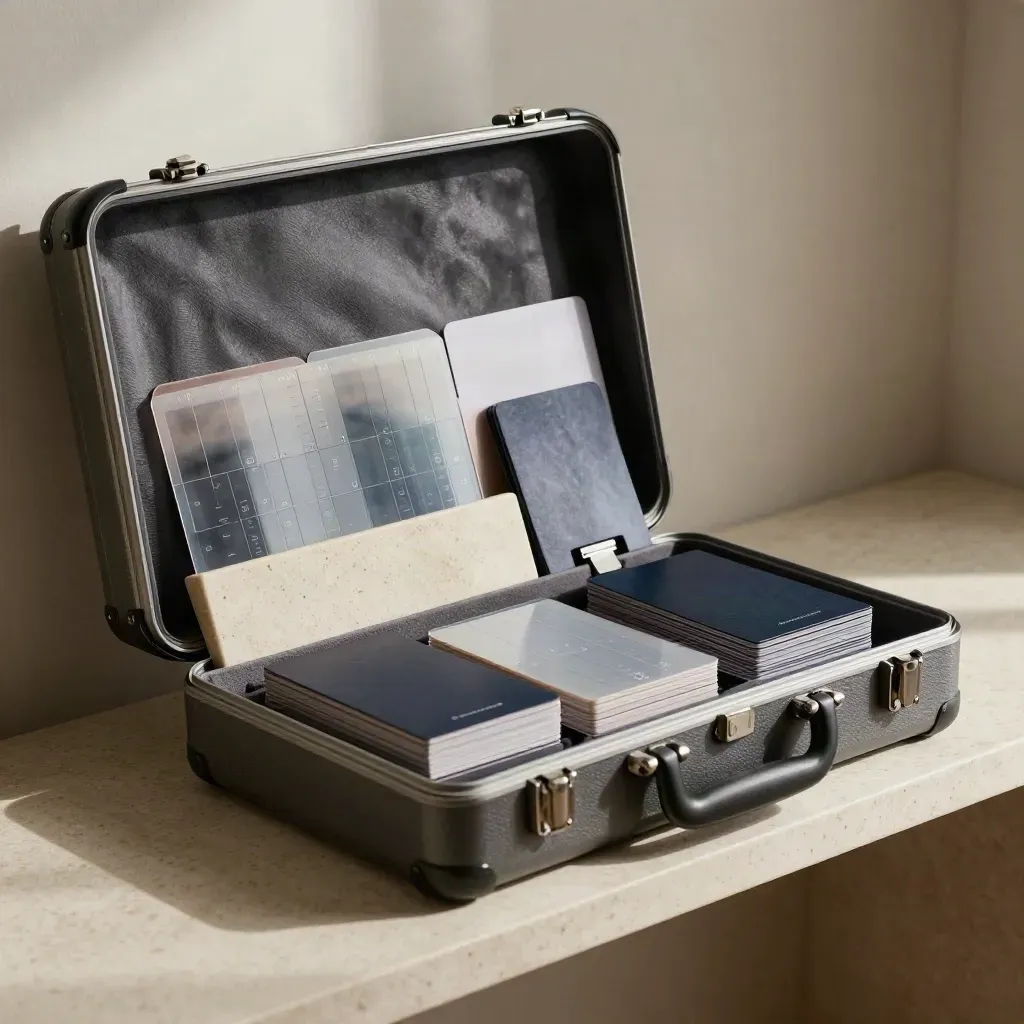 Open hard case with time-zone dividers and cards on travertine in dramatic studio light.