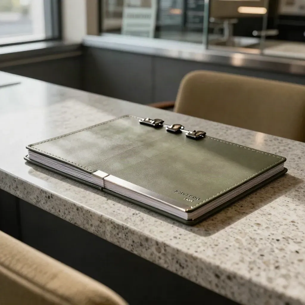 Forex spread deck in matte sleeve on travertine ledge, three tabs, hazy research lounge