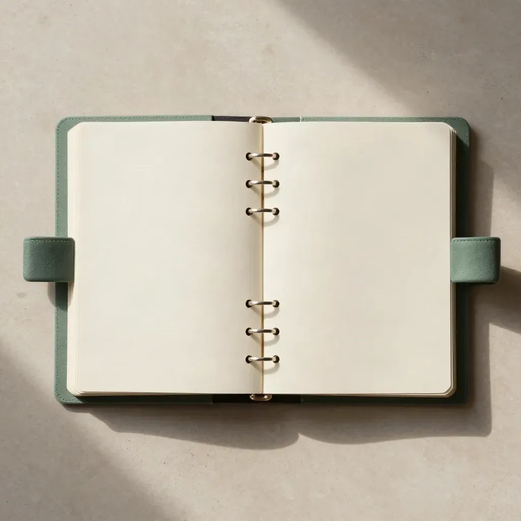 Overhead flatlay of an open ring-bound risk journal with tabbed corners and a stone paperweight.