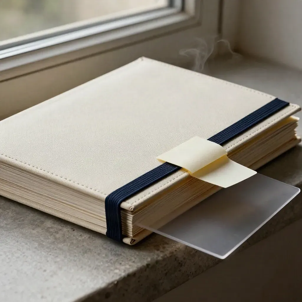 Close-up of a trade planner booklet, elastic band, note chip and divider card on a plaster ledge