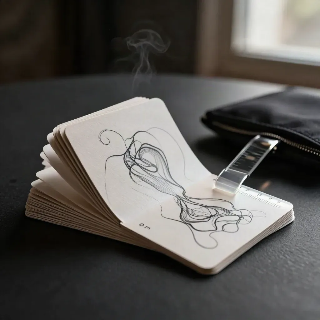 Fan of trend line cards, translucent strip and dark pouch on matte-black surface with silver rim light.