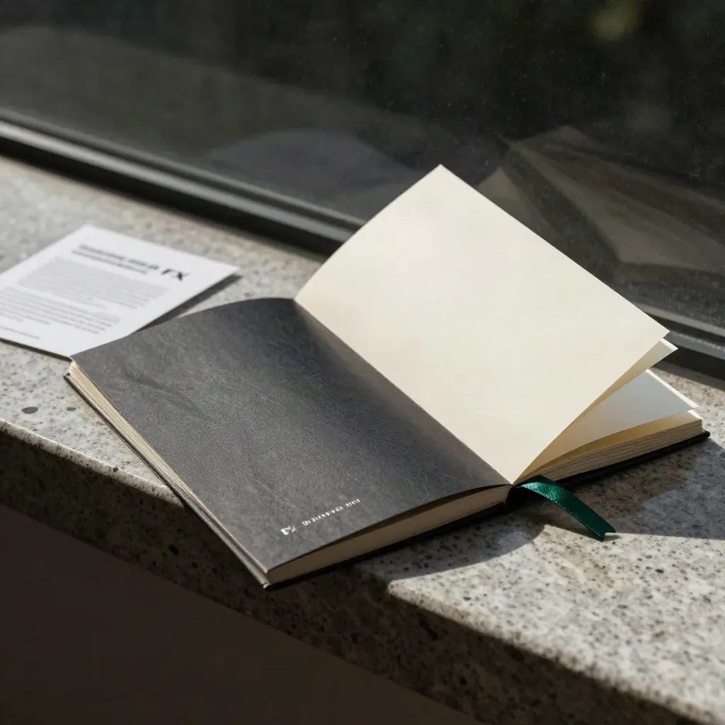 Weekly FX brief booklet with ribbon marker, sleeve and note chip on travertine in soft window light