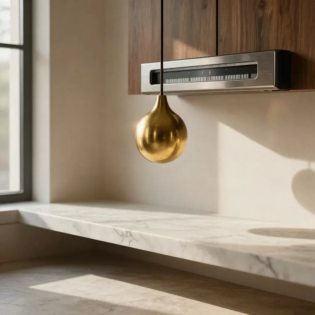 Marble ledge, brass pendant, and soft window glow in a calm trading interior.