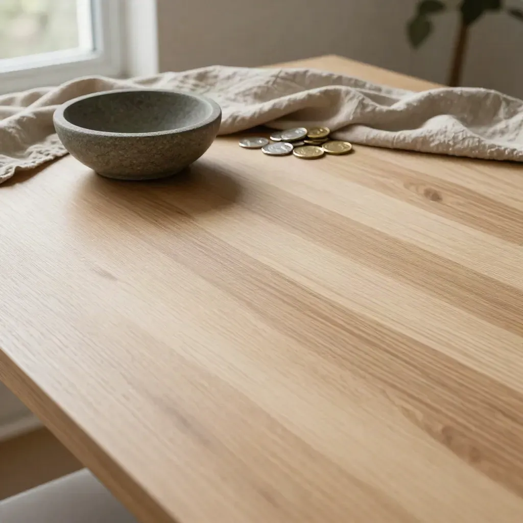 Pale oak tabletop with stone bowl, linen drape and silver coins in soft midday light.