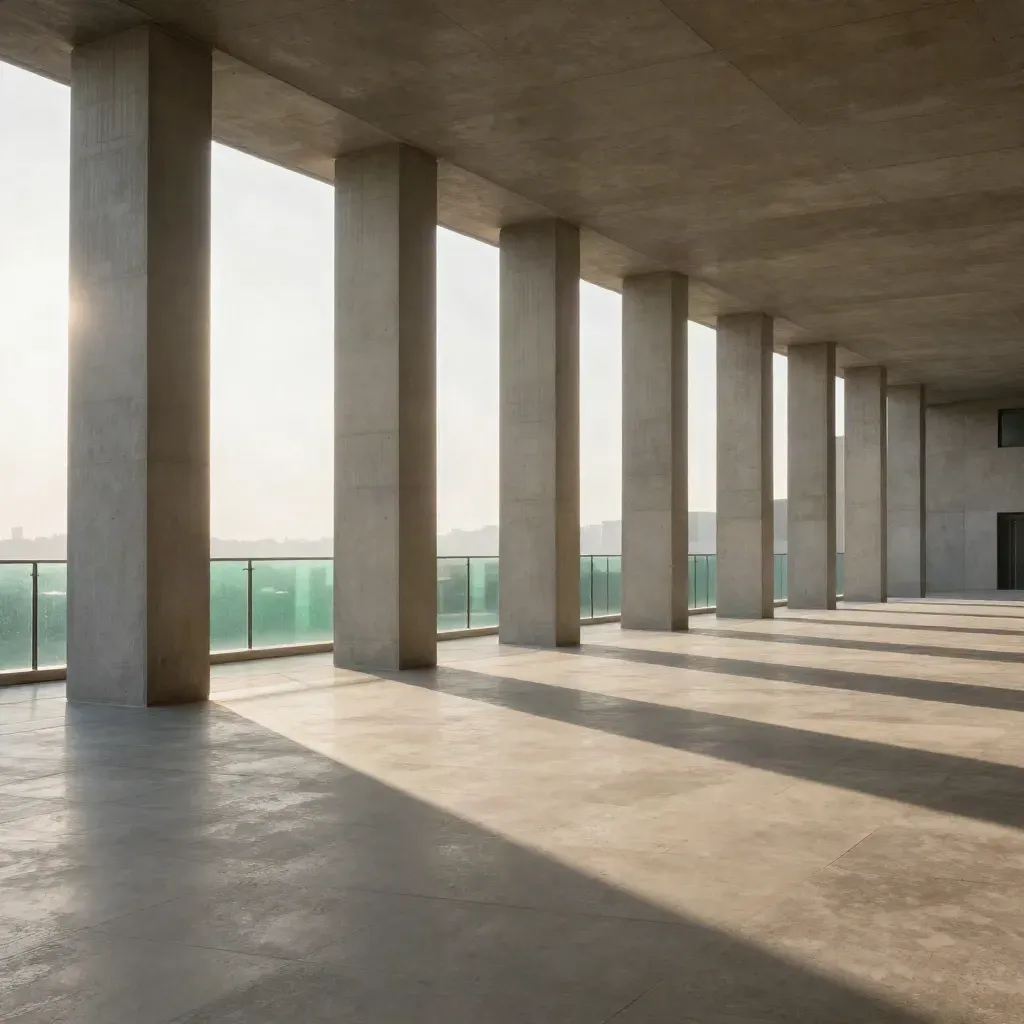 Concrete colonnade with glass balustrade and sunlit sky, calm floor for copy.