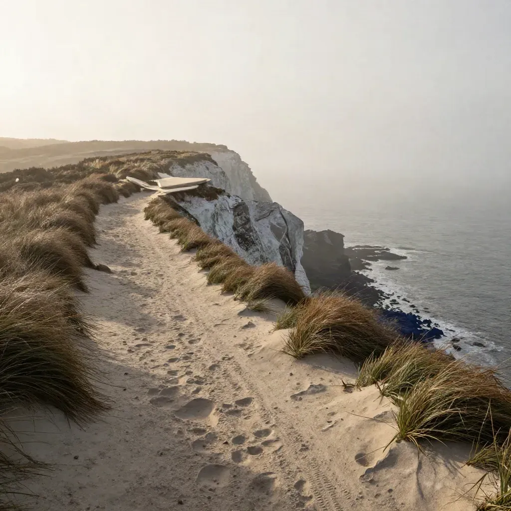 Misty coastal cliff path with sea grass, pale rock shelf, and glowing horizon under soft fog.