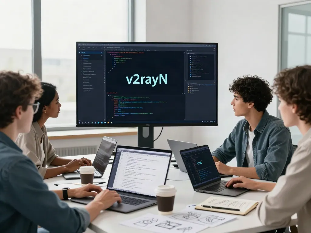 Collaborative workspace for v2rayN官网 project with team discussing software development.