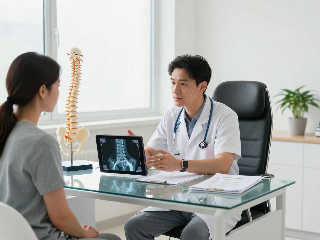 Discussing Bel kayması ameliyatı treatment options with a patient in a modern clinic.