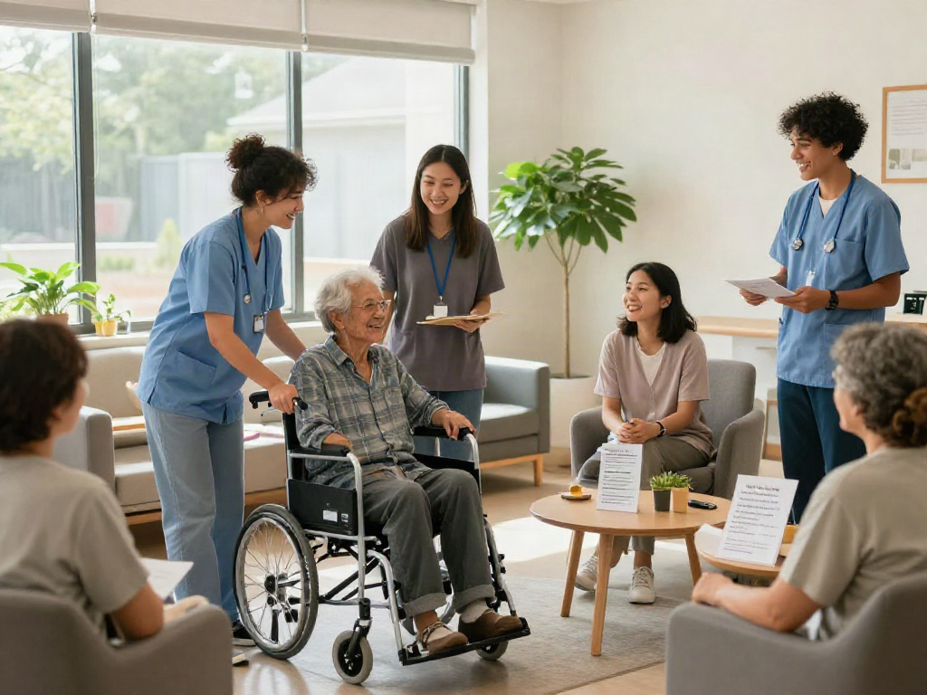 Bonus new member interaction at a welcoming home care facility with staff assisting seniors.