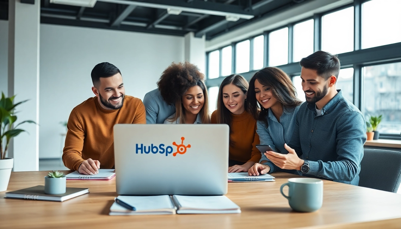 Utilizing hubspot free in a collaborative workspace with a diverse team engaged in marketing tasks.